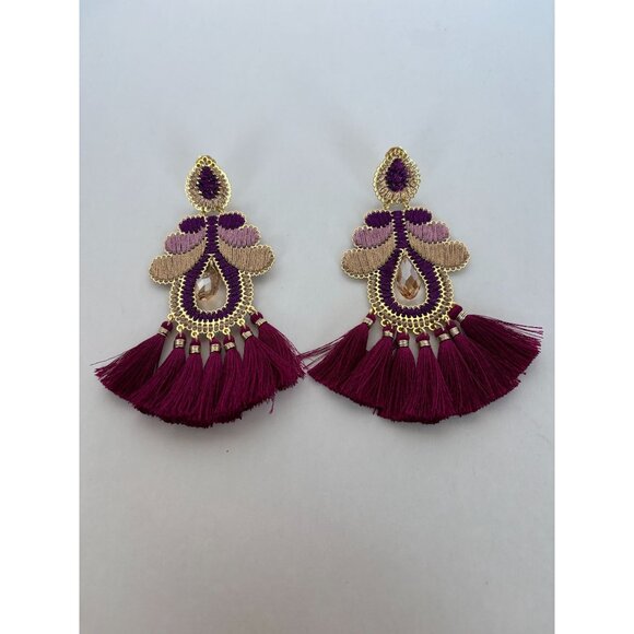 Mercedes Salazar Curubas Drop Earrings Burgundy Tassel Trim Bohemian Clip On - Picture 2 of 9